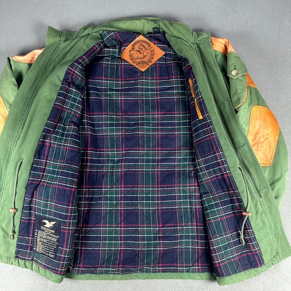 Willis Geiger Jacket Mens Large Green Leather Elbow Patch Field Chore Safari - Picture 6 of 16
